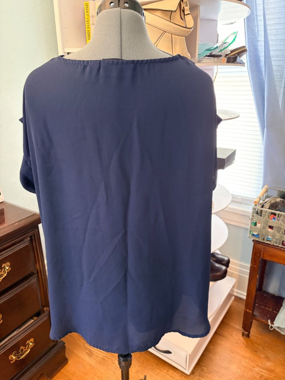 NY&C Navy Sheer Blouse XL Smart Casual Office Minimalist Core Classic City Chic - Picture 2 of 5